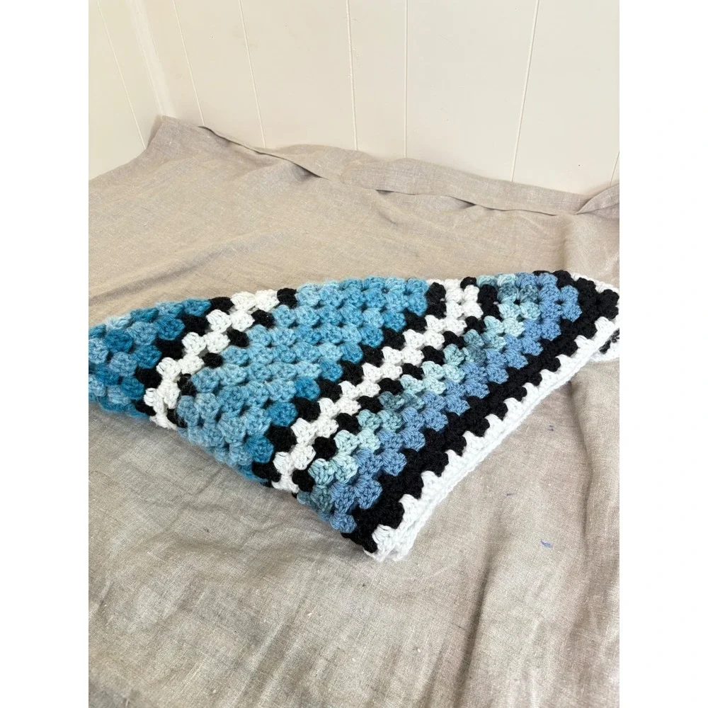 Handmade Crochet Granny Square Blanket Blue Black White Diamond Afghan‎ 48x48